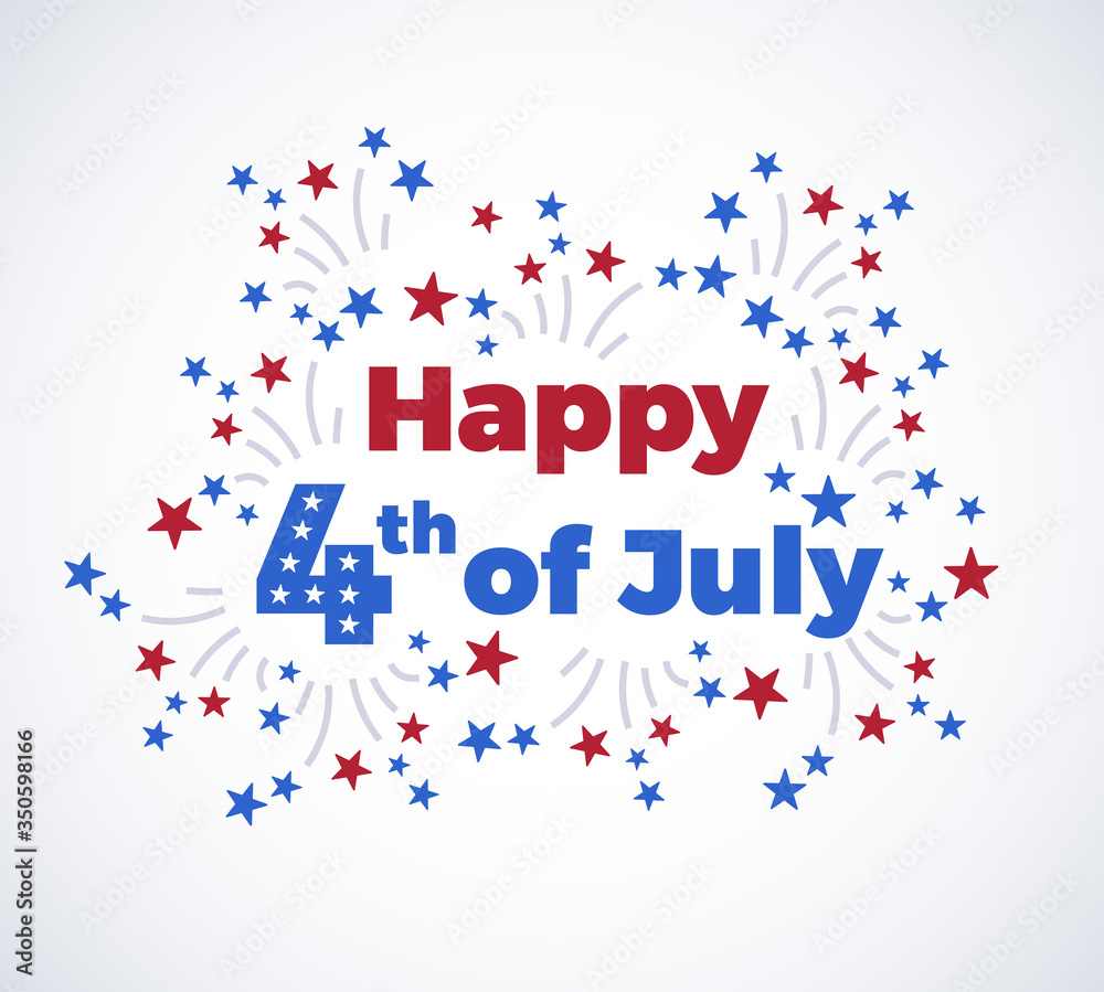 Obraz premium Fourth of July typography background with fireworks in modern flat style - American Independence Day vector illustration - 4th of July typographic logo