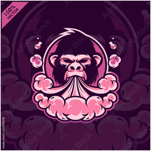 Gorilla head vapor e-cigarette, vape, vaporizer cigarette, electronic smoke, Design element for company logo, label, emblem, apparel or other merchandise. Scalable and editable Vector.