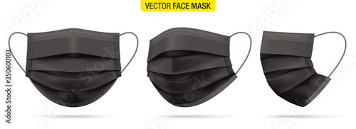 Surgical face mask vector illustration. Black medical protective masks, from different angles isolated on white. Corona virus protection mask with ear loop, in a front, three-quarters, and side views.