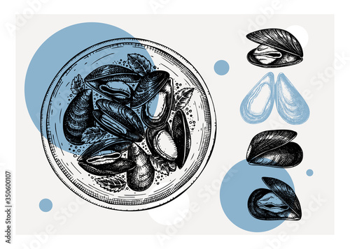Cooked mussels with herbs on plate illustration. Shellfish and seafood restaurant design element. Hand drawn mussels sketch isolated on vintage background. 