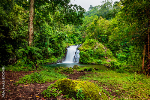 Fototapeta Naklejka Na Ścianę i Meble -  Waterfall landscape. Beautiful hidden Canging waterfall in tropical jungle in Sambangan, Bali. Slow shutter speed, motion photography.
