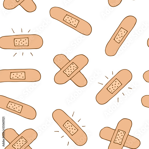 Sticking plaster vector seamless pattern, hand drawn band-aid isolated on white background