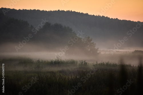 Beautiful autumn mist landscape at sunset. © renova