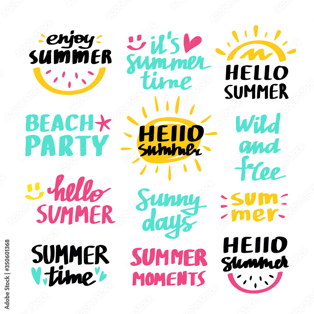 Hello Summer vector lettering set. Fun quote hipster design logo or label. Hand lettering inspirational typography poster, banner collection isolated on white.