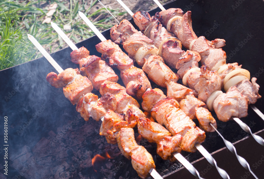 Traditional skewers on skewers and barbecue. Springtime outdoor recreation. Grilled meat.