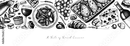 French food and drinks vintage banner. Hand drawn dishes for restaurant menu, recipe, flyer design. Engraved style  food, snack and beverages background