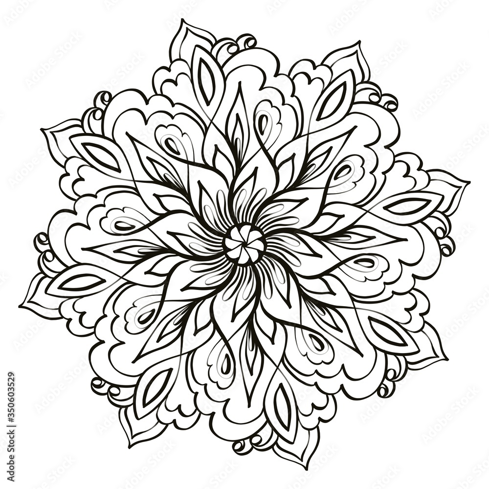 Mandala coloring book page. Line art, black and white illustration hand drawn.