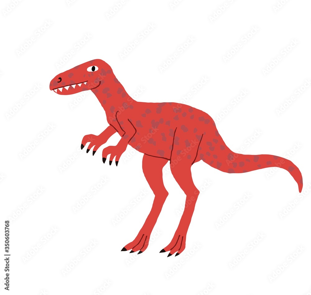 Cute funny tyrannosaur isolated on white background. Fun dinosaur with teeth. Creative design for poster, card, print. Flat style drawing. Stock vector illustration drawn by hand. Cute funny tyrannosaur isolated on white background. Fun dinosaur with teeth. Creative design for poster, card, print. Flat style drawing. Stock vector illustration drawn by hand.