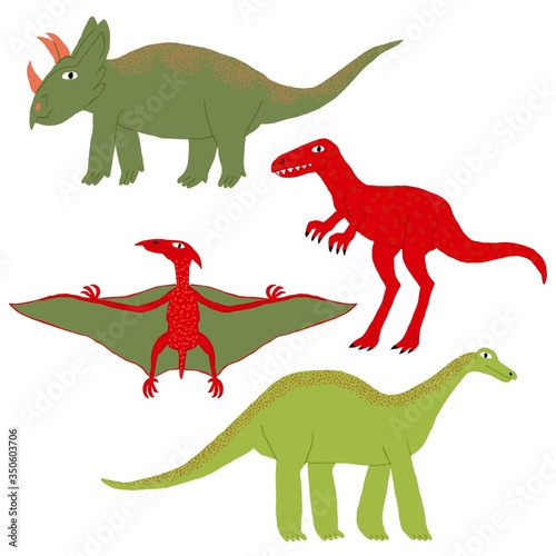 Collection set of dinosaurs isolated on white background. Funny triceratop  tyrannosaur  pterodactyl  titanosaur. Large wild reptile. Fun design. Flat style drawing. Stock vector illustration.
