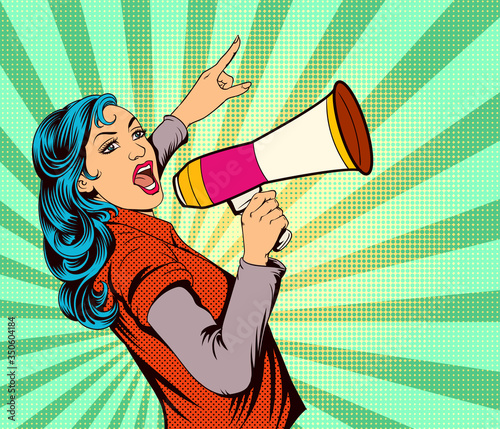 A woman speaking at megaphone. Pop art retro illustration comic style vector.