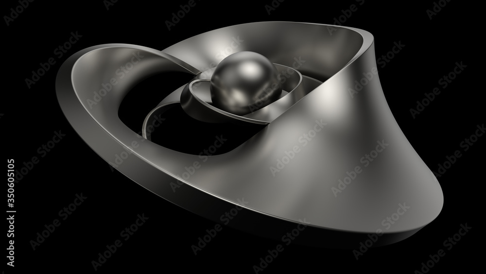 3d render of metal objects - sphere and twisted shapes. Reflective material.  Decorative chrome sculpture...