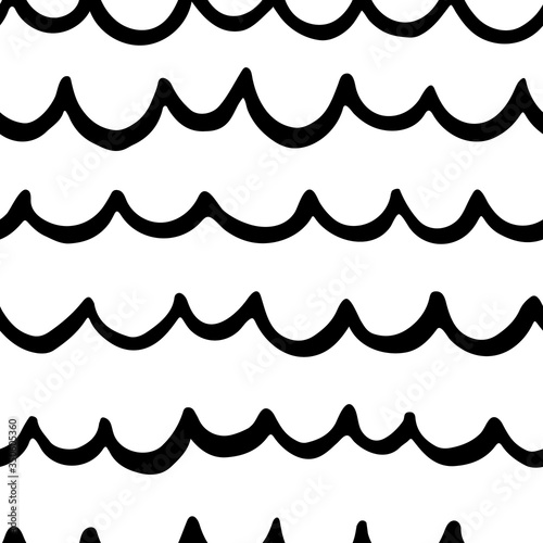black and white seamless pattern with doodle waves