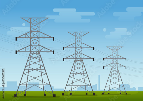 Wallpaper Mural High voltage pole, electric tower on the field with sky and cloud, flat vector l