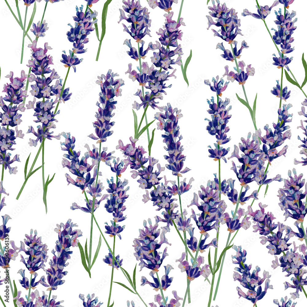 Naklejka premium lavender twigs watercolor sketching seamless pattern on a white background