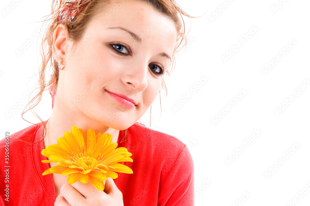 young Girl Holding Flower and white background young Girl Holding Flower and white background