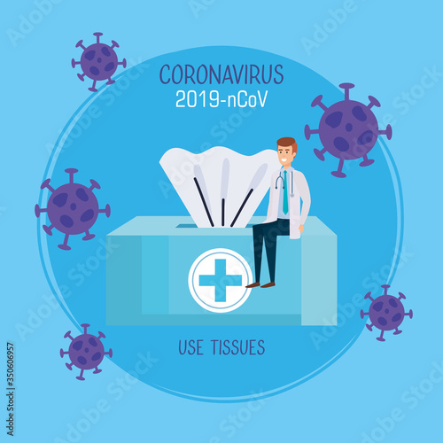 doctor sitting in box tissue with particles 2019 ncov vector illustration design