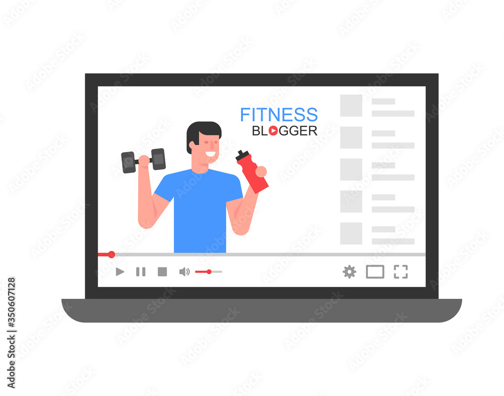 Video tutorials. Athletic man blogger on video screen. Social media marketing. flat style. isolated on white background Video tutorials. Athletic man blogger on video screen. Social media marketing. flat style. isolated on white background