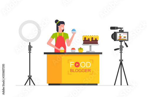 Women Food blogger working in the kitchen. Making a video. flat style. isolated on white background