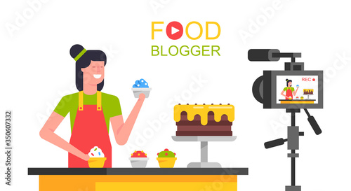 Women Food blogger working in the kitchen. Making a video. flat style. isolated on white background