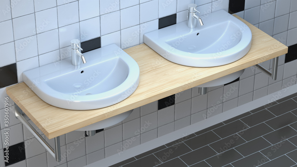 Fototapeta premium 3d render. Two white sinks with wooden table top in room with ceramic tile.