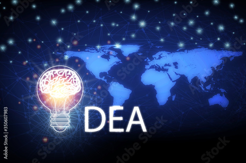 Concept creative new ideas with innovative technology and creativity, Light bulb with blue background with a world map,creative idea.Concept of idea and innovation.