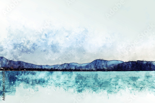 Abstract colorful mountain range and ocean sea in Thailand on watercolor illustration painting background.