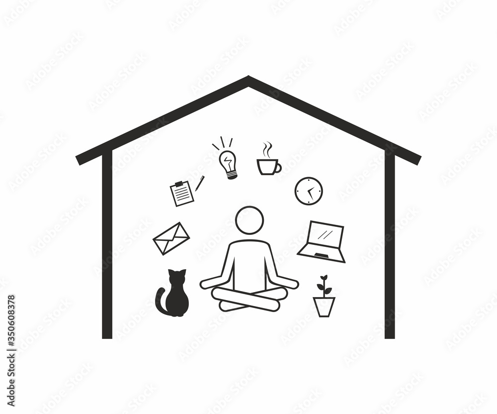 Home office. Black house with man in lotus pose, office icons, cat, flowerpot inside on white background. Concept of remote work Home office. Black house with man in lotus pose, office icons, cat, flowerpot inside on white background. Concept of remote work