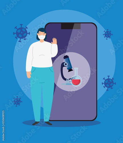 woman using face mask and smartphone with particles 2019 ncov vector illustration designs