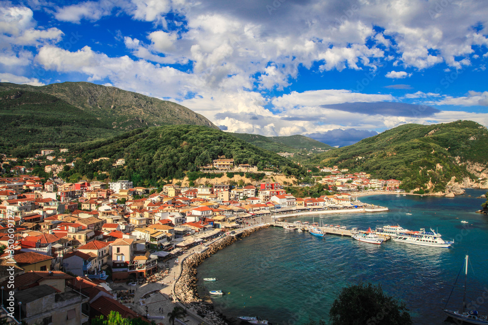 The wide view of the city of Parga in the afternoon. Sunset in Parga, Greece.