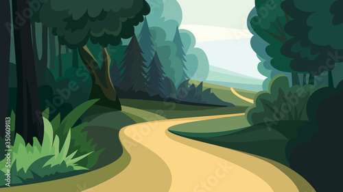 Beautiful forest landscape. Natural scenery in cartoon style.