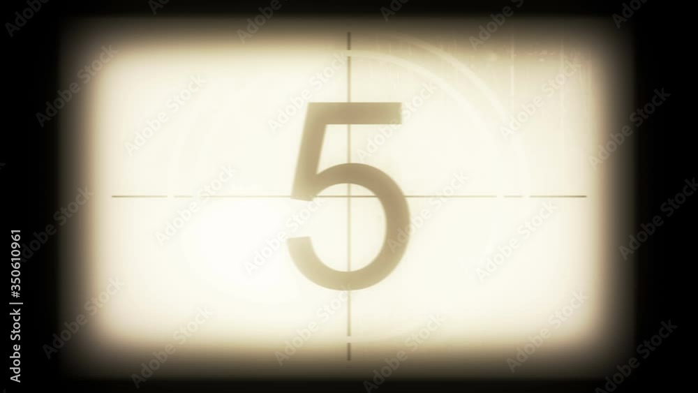 Monochrome universal countdown film leader. Countdown clock from 10 to 0. Effect of old film rolling with details, scratches, lines, dirt, markers and film grain
