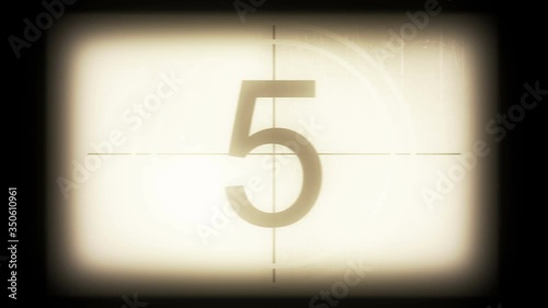 Monochrome universal countdown film leader. Countdown clock from 10 to 0. Effect of old film rolling with details, scratches, lines, dirt, markers and film grain
