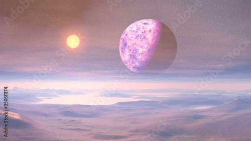 Colorful Sunset on an Alien Planet. Mountains, hills and lowlands are covered in fog. On a dark starry sky huge planet. The bright sun sets, painting the landscape from lilac to yellow.