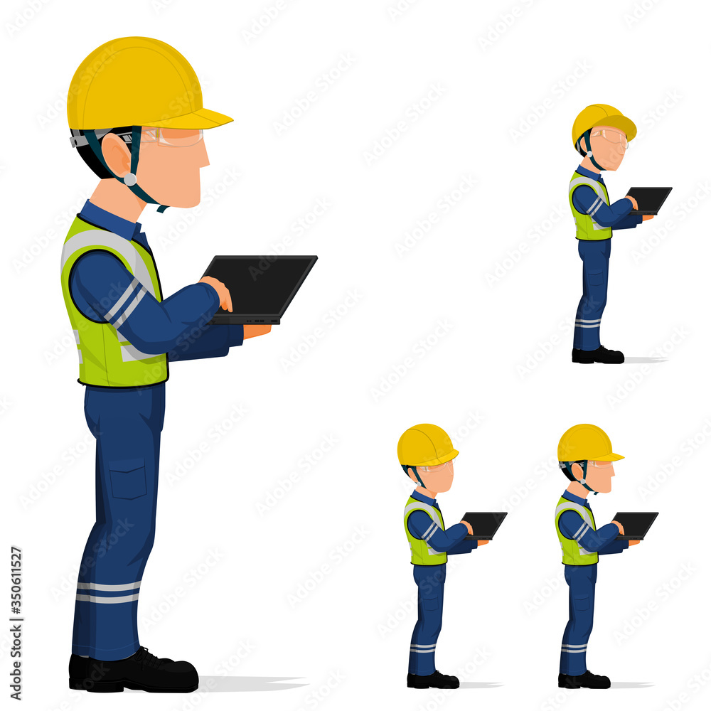 Set of industrial worker with laptop on white background Set of industrial worker with laptop on white background