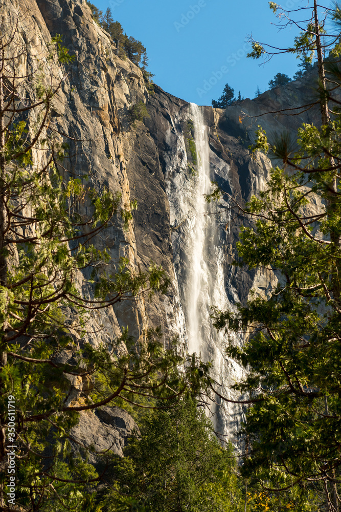 View of Bridalveil Waterfall from Southside Drive in Yosemite National Park, California, USA