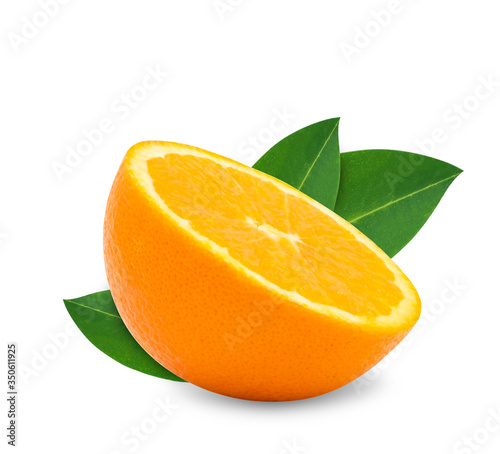 Closeup fresh single orange fruit sliced with leaves isolated on white background with clipping path