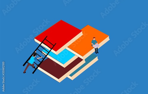  Isometric vector illustration of Students sitts on the books pile,  design templates for staff education, consulting, college, and other.  vector concepts for website and mobile website development.
