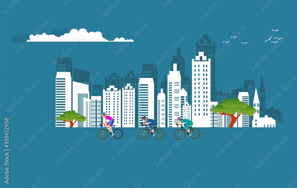 Urban Landscape City, paper style buildings, Real Estate Background, cyclists on the road, Flat Design  Icon Template Vector Illustration