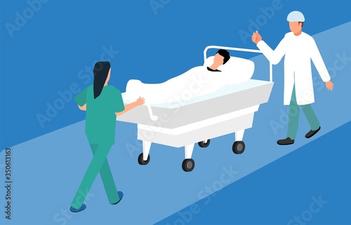 Doctor and medical sister transporting a patient on the garney, vector medical concept