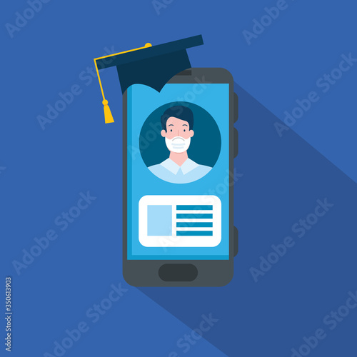 smartphone with online education graduate man vector illustration design