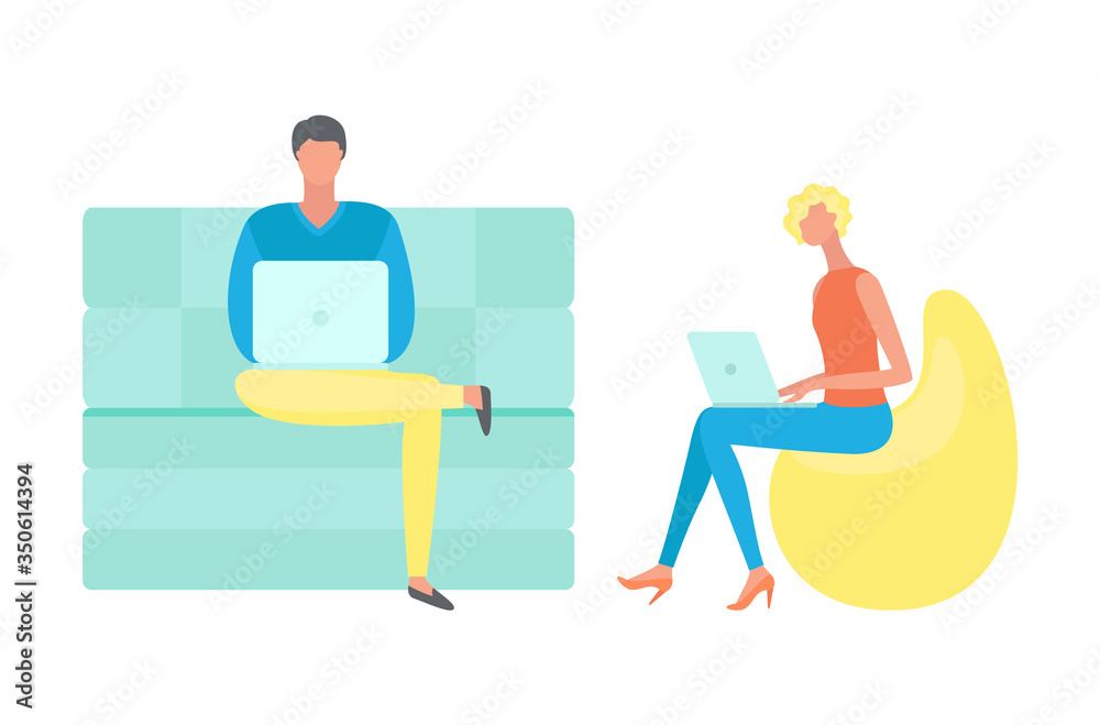 Man and woman sitting on seat with laptop, workers using wireless gadget, portrait and side view of people. Education and job with computer vector Man and woman sitting on seat with laptop, workers using wireless gadget, portrait and side view of people. Education and job with computer vector