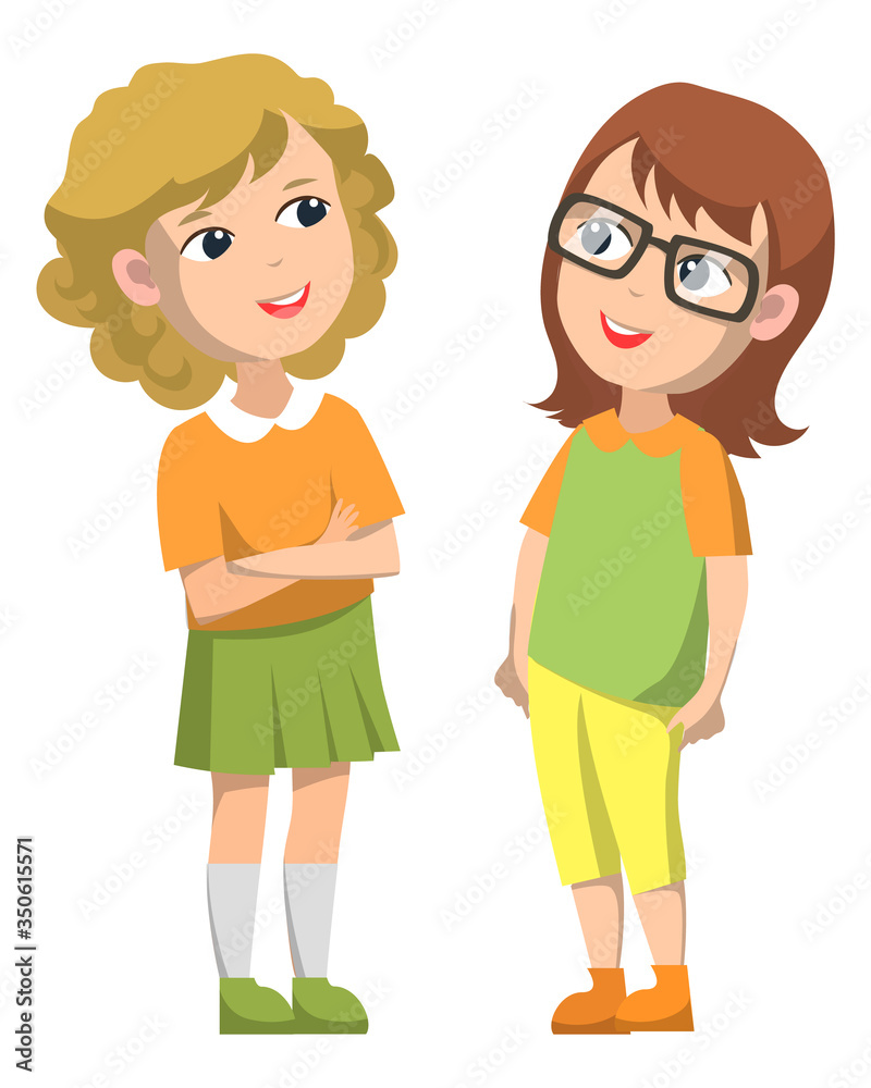 Girls standing together, smiling and talking. Girl in glasses stand opposite curly blonde girl. Talking after school lessons. Children isolated on white background. Vector illustration flat style