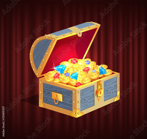 Open dower chest with diamonds, gold and silver coins. 3d view of box with lock and precious sign, brilliant and money in container, loot object vector