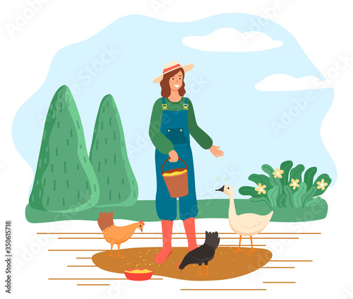 Woman feeding chickens and goose on farm, female character giving food to domestic animals. Rural area, countryside with nature. Person wearing wide hat growing poultry, vector in flat style