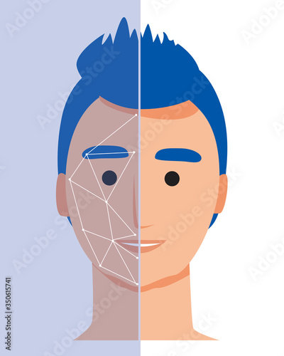 Guy and face recognition as a digital technology concept for security in a smart home, flat stock vector illustration with male face identification for biometrics
