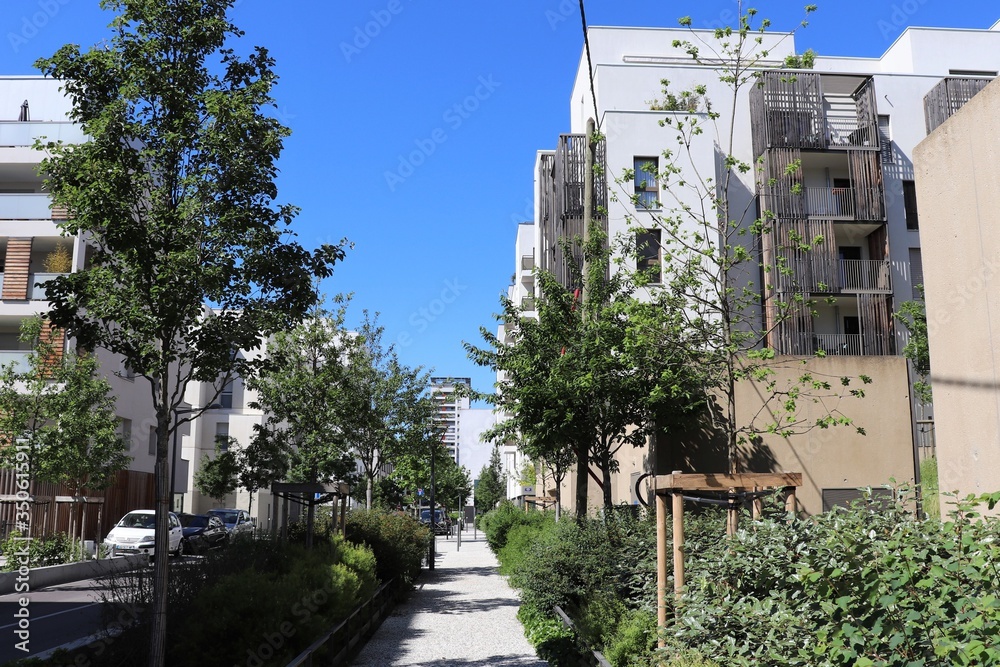 La rue Albert Jacquard, rue bordée d'arbres et d'immeubles modernes dans le quartier de la Duchère à Lyon 9 ème - Ville de Lyon - 9 ème arrondissement - Département du Rhône - France La rue Albert Jacquard, rue bordée d'arbres et d'immeubles modernes dans le quartier de la Duchère à Lyon 9 ème - Ville de Lyon - 9 ème arrondissement - Département du Rhône - France