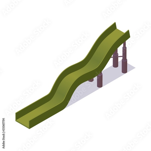 Green water slide isometric. Vector 3d element of aquapark isolated on white