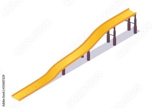 Long and narrow yellow open water slide. Isometric equipment for aqua park and summer activities isolated on white