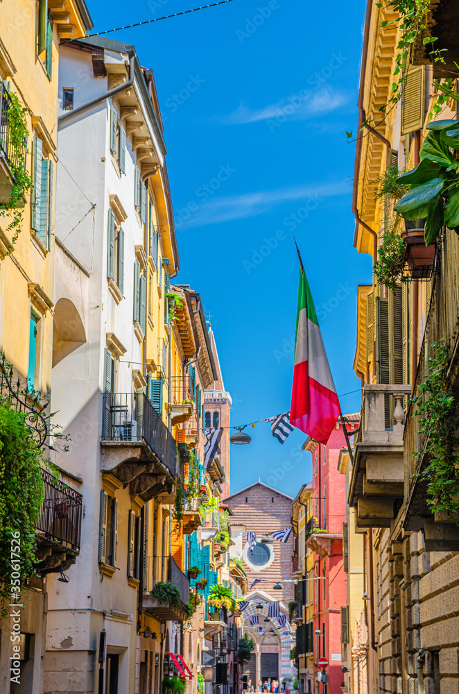 Typical italian street with traditional colorful buildings with shutter windows, balconies plants and flag, Basilica di Santa Anastasia church, Verona city historical centre, Veneto Region, Italy