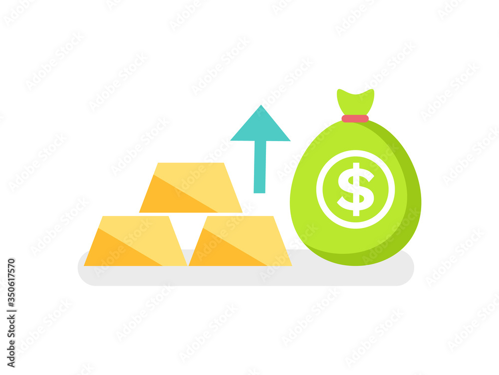 Golden bricks, money bag with dollar sign, rising arrow, growth symbol and invest success, bag with money and ingots, gold jewelry and exchange vector Golden bricks, money bag with dollar sign, rising arrow, growth symbol and invest success, bag with money and ingots, gold jewelry and exchange vector